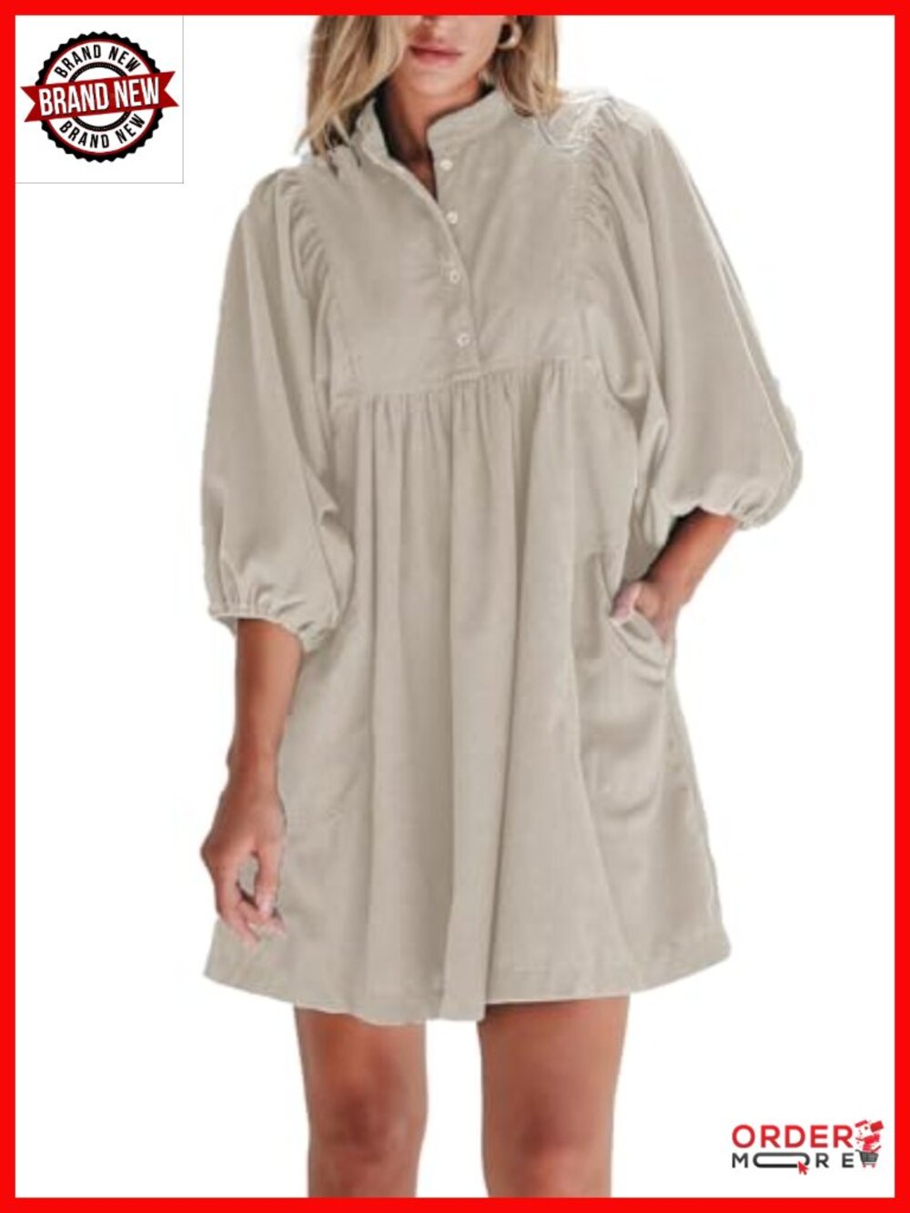 Corduroy Mini Babydoll Dress Long Sleeve V-Neck Button Up Puff Sleeve